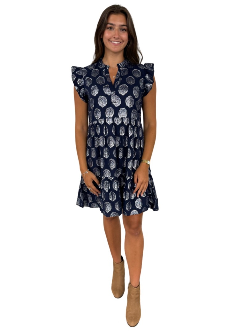 THE FIONA FLUTTER SLEEVE DRESS IN NAVY AND SILVER